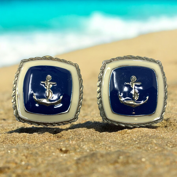 Vintage 1980's Navy Enamel Anchor Square Earrings Clip On Nautical Yacht Boating - Picture 1 of 5